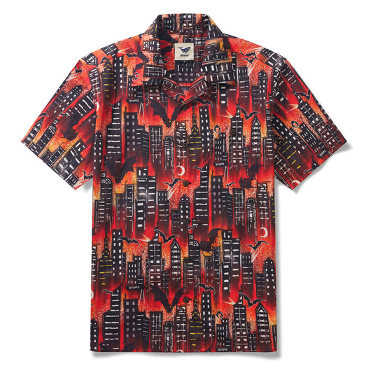 Guardian of the Night 100% Cotton Men's Short Sleeve Camp Collar Shirt Aloha Hawaiian Halloween