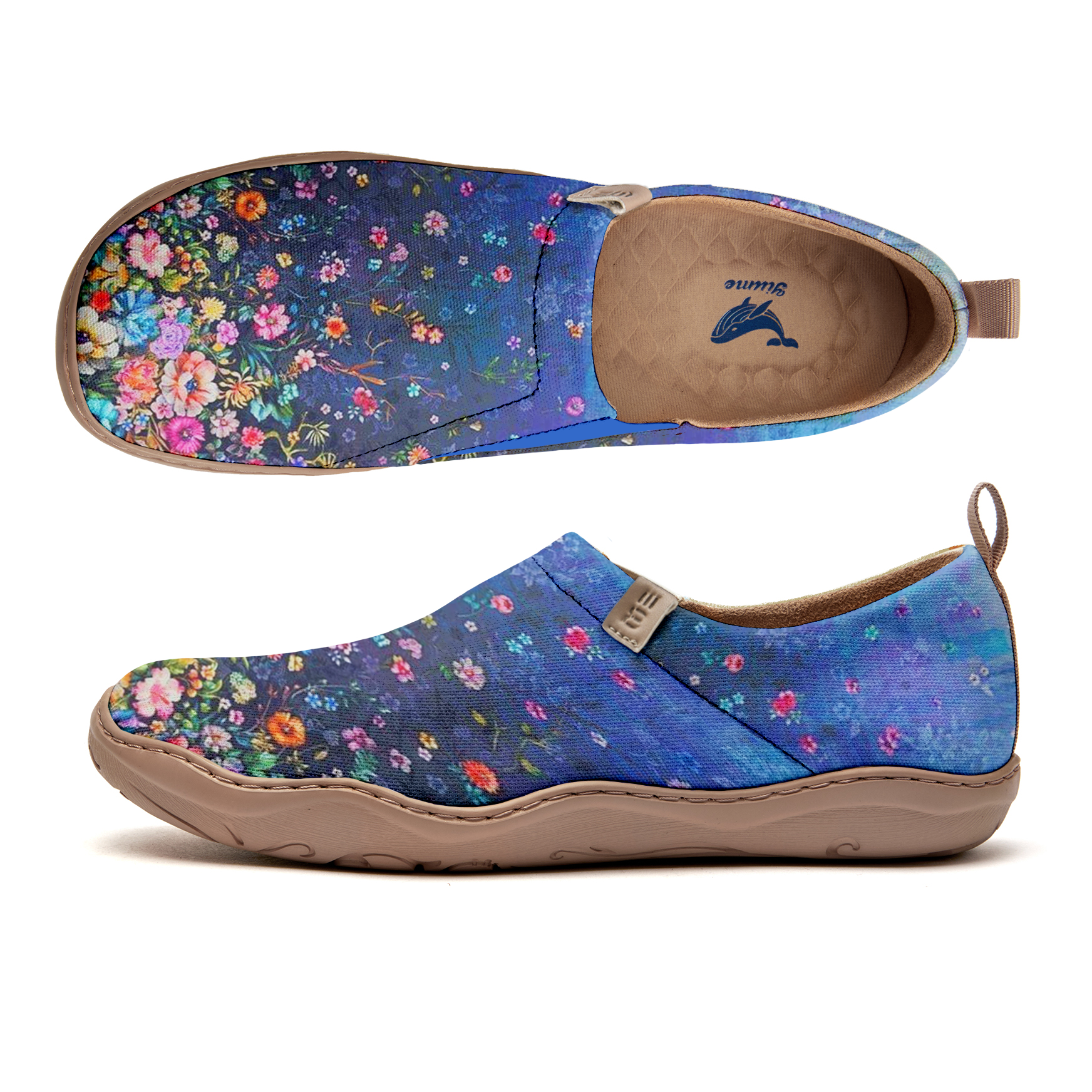 Yiume pour femmes Slip-on Spus-on décontractées Chaussures bleu marine peinte, 100% coton bleu foncé fleuri