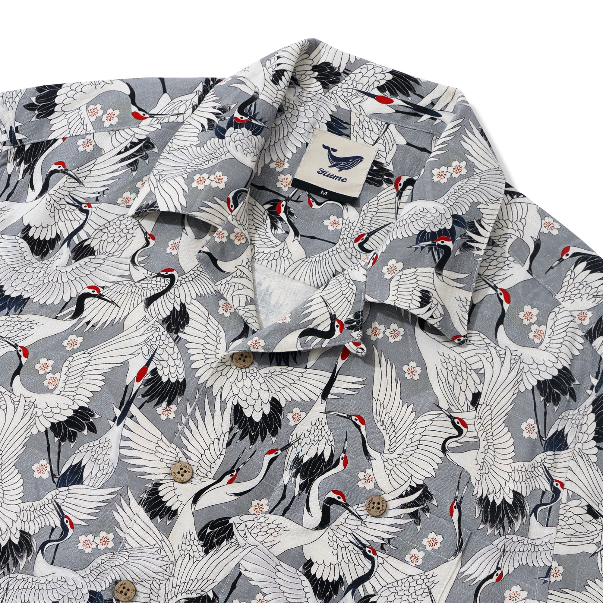 Herren-Hawaii-Hemd Langarm-Button-Down 100% Seidengrau Aloha Das Fest der Kraniche