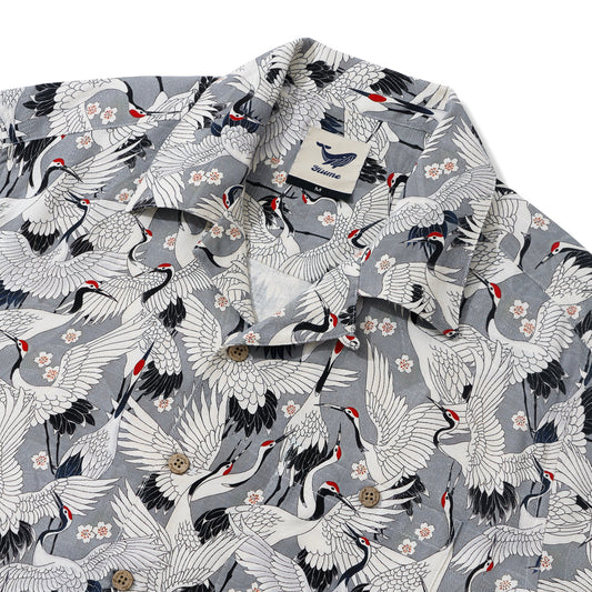 Herren-Hawaii-Hemd Langarm-Button-Down 100% Seidengrau Aloha Das Fest der Kraniche