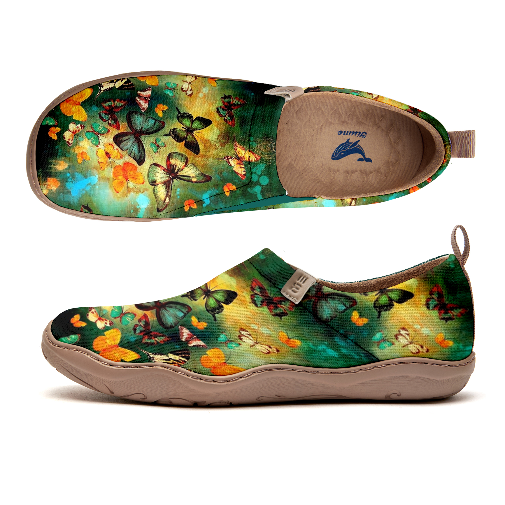 Yiume Women's Art Slip-On Casual Shoes Green Butterfly Painted,100% Cotton