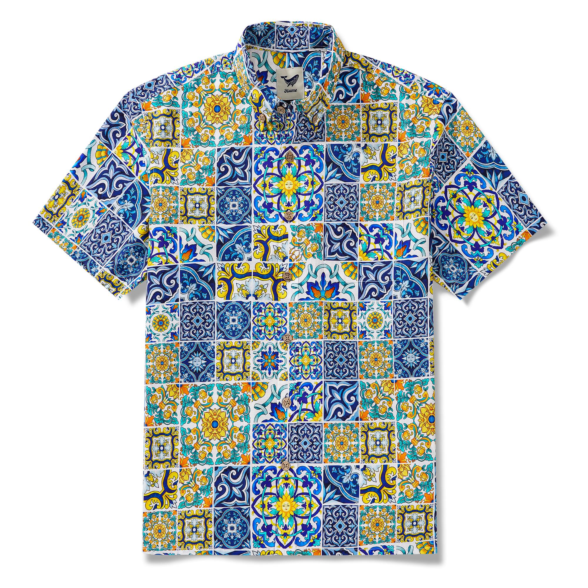 Herren-Hawaiian-Hemd Kurzärmel Button Down 100% Baumwoll weiße Aloha Sizilian Fliesen Eleganzsammlung