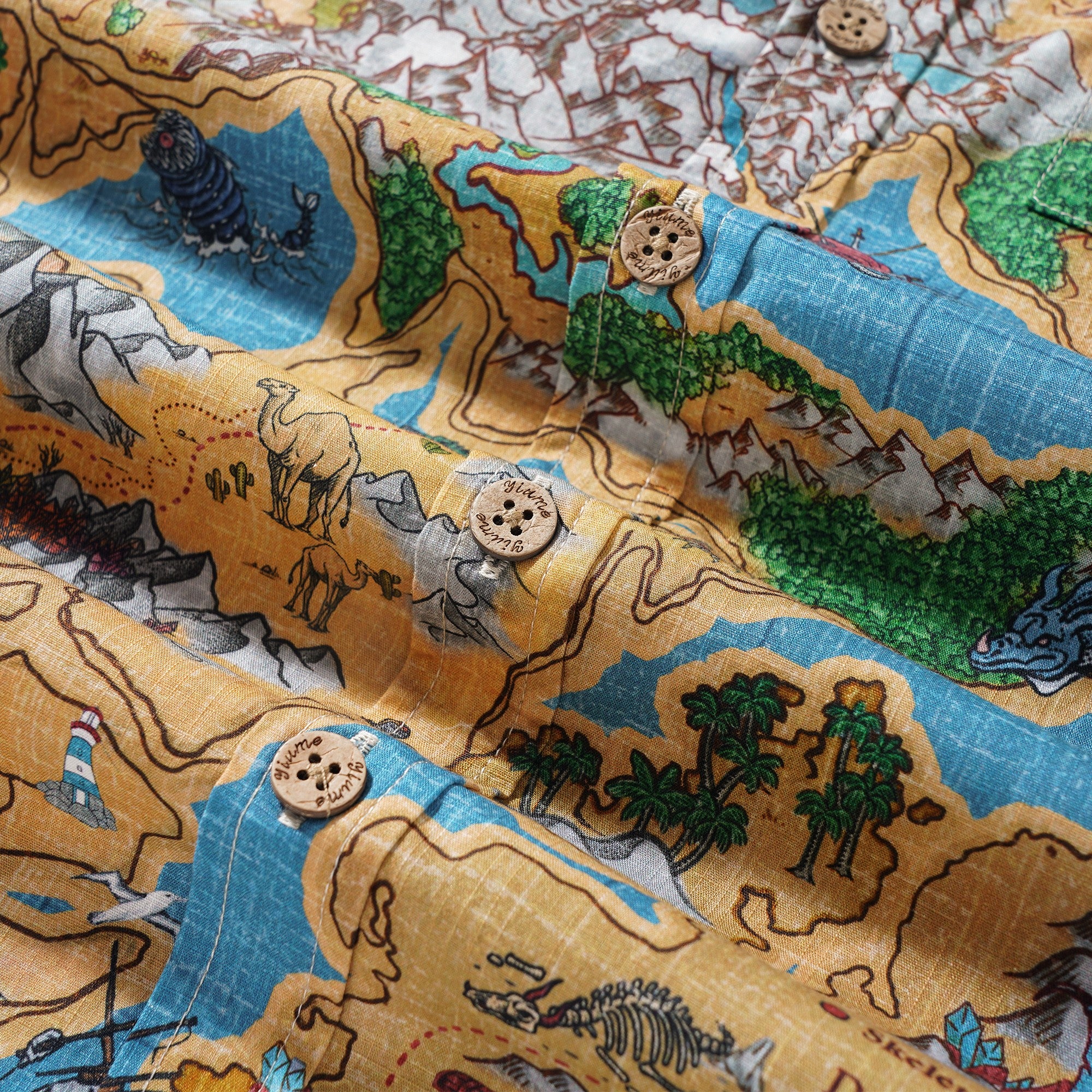 Men's Hawaiian Shirt Short Sleeve Button-down 100% Cotton Blue Aloha Enchanted World Adventure Map