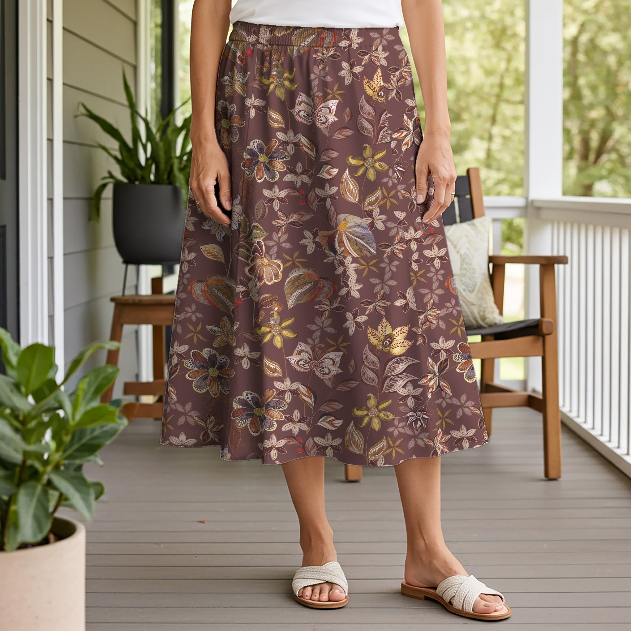 Women Casual Maxi Skirt Long Elastic Waist with Pockets 100% Cotton Brown Aloha Dreamweaving In Shades Of Brown Blooms