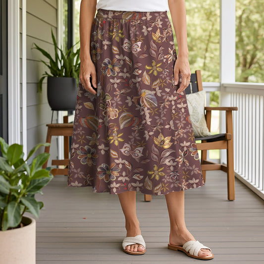 Women Casual Maxi Skirt Long Elastic Waist with Pockets 100% Cotton Brown Aloha Dreamweaving In Shades Of Brown Blooms