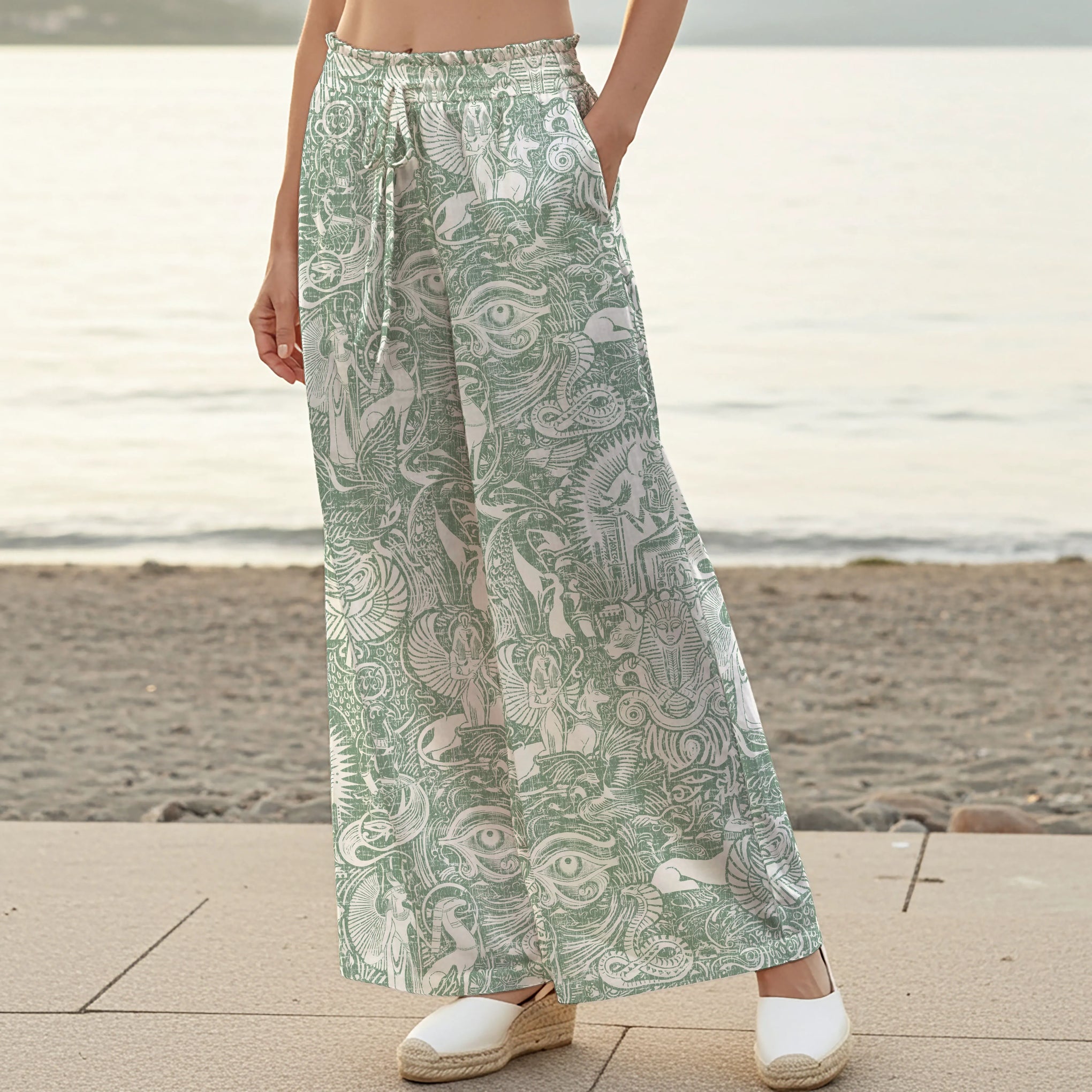 Women Casual Pants Lounge Elastic Waist Drawstring with Pockets 100% Cotton Green Aloha Egyptian Myths