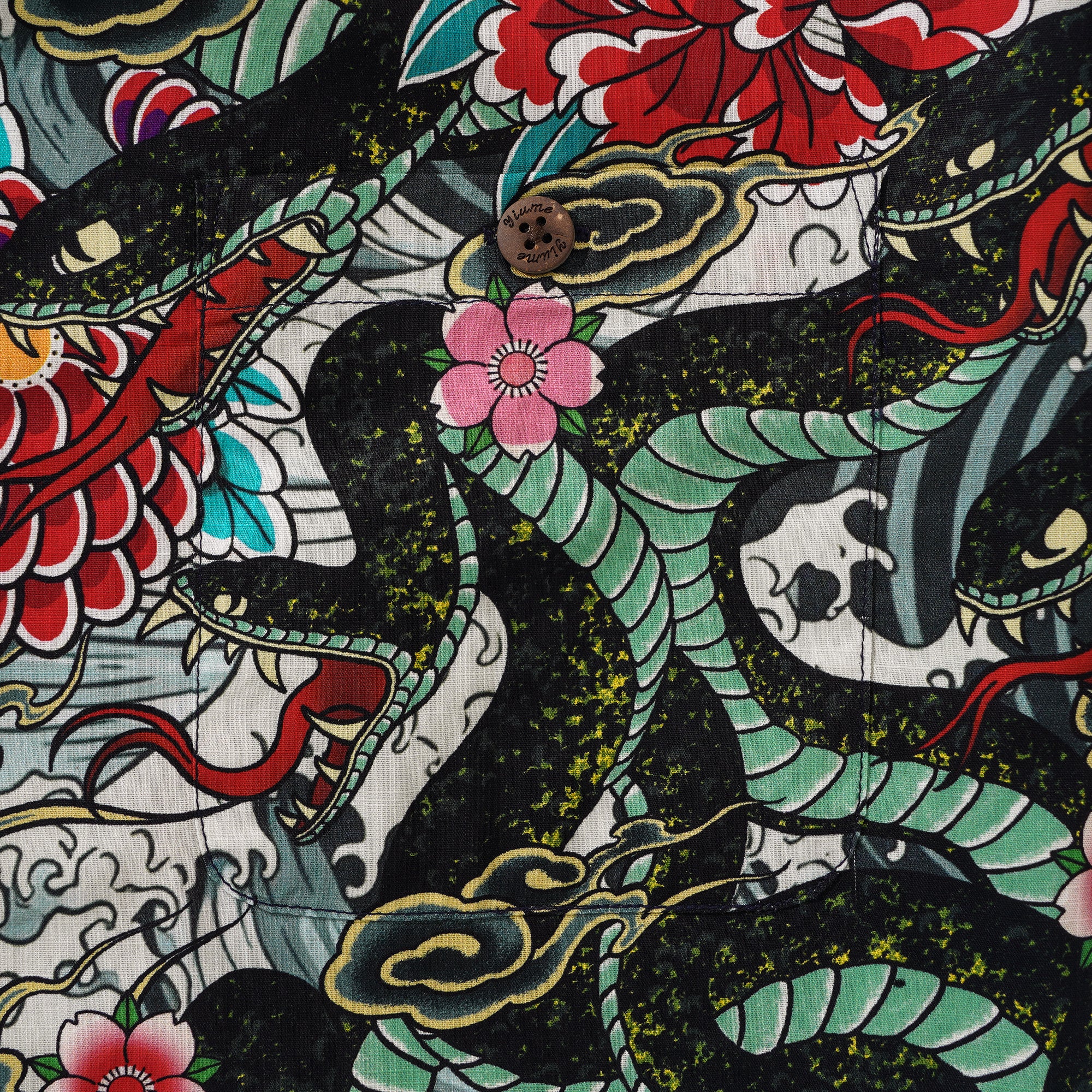 Men's Hawaiian Shirt Short Sleeve Camp Collar 100% Cotton Green Aloha Ocean Serpent Art Print