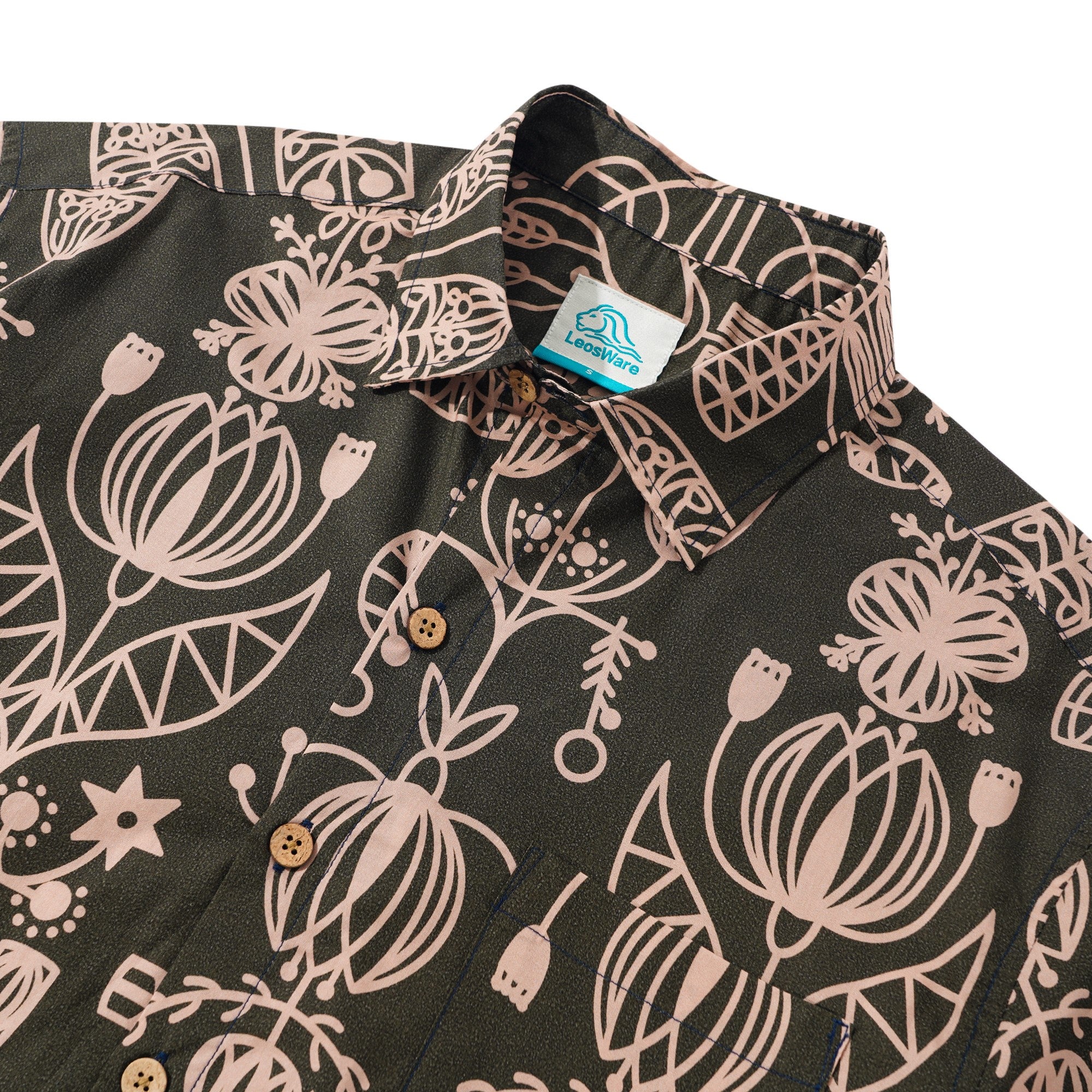 LeosWare® Men's Hawaiian Shirt Short Sleeve Button-up 100% Cotton Brown Aloha Olive Green And Light Pink Artistic Floral Decoration