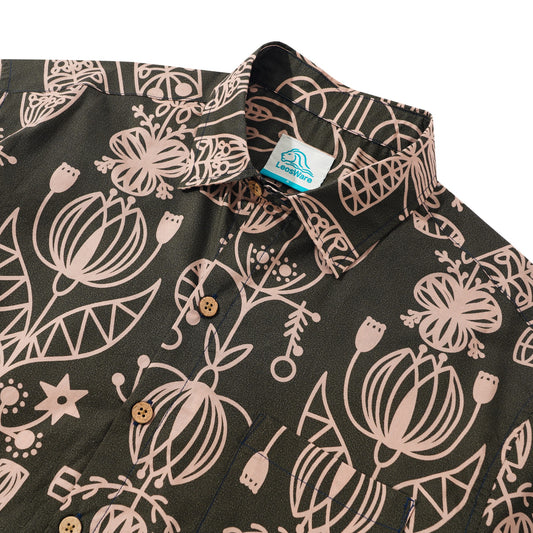 LeosWare® Men's Hawaiian Shirt Short Sleeve Button-up 100% Cotton Brown Aloha Olive Green And Light Pink Artistic Floral Decoration