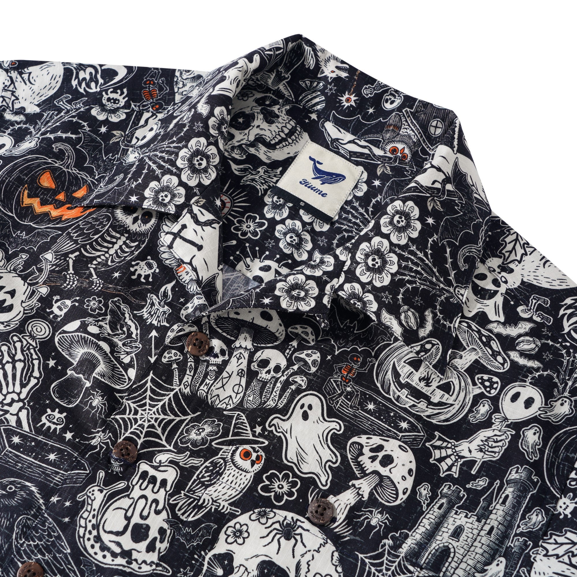 Men's Halloween Shirt Skull Hawaiian Shirt Short Sleeve Camp Collar 100% Cotton Black Halloween Bash