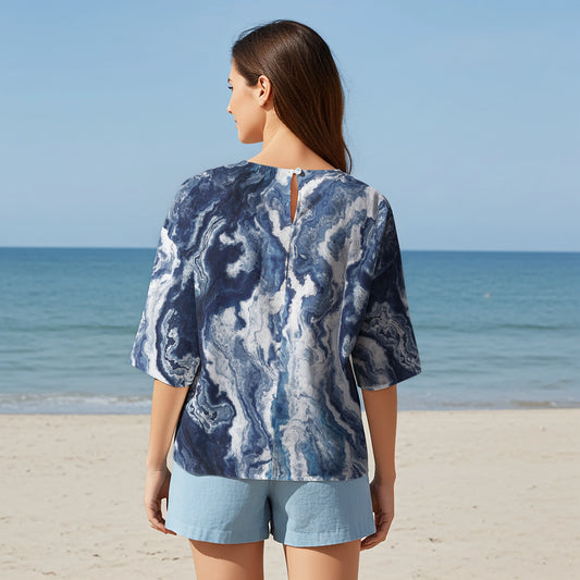 Women Casual Blouse Elbow Sleeve Crew Neck Button-Back 95% Lyocell, 5% Linen Blue Aloha Blue Ocean Vibes