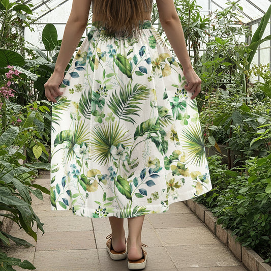 Women Casual Maxi Skirt Long Elastic Waist with Pockets 100% Cotton Green Aloha Fresh Rainforest Flowers