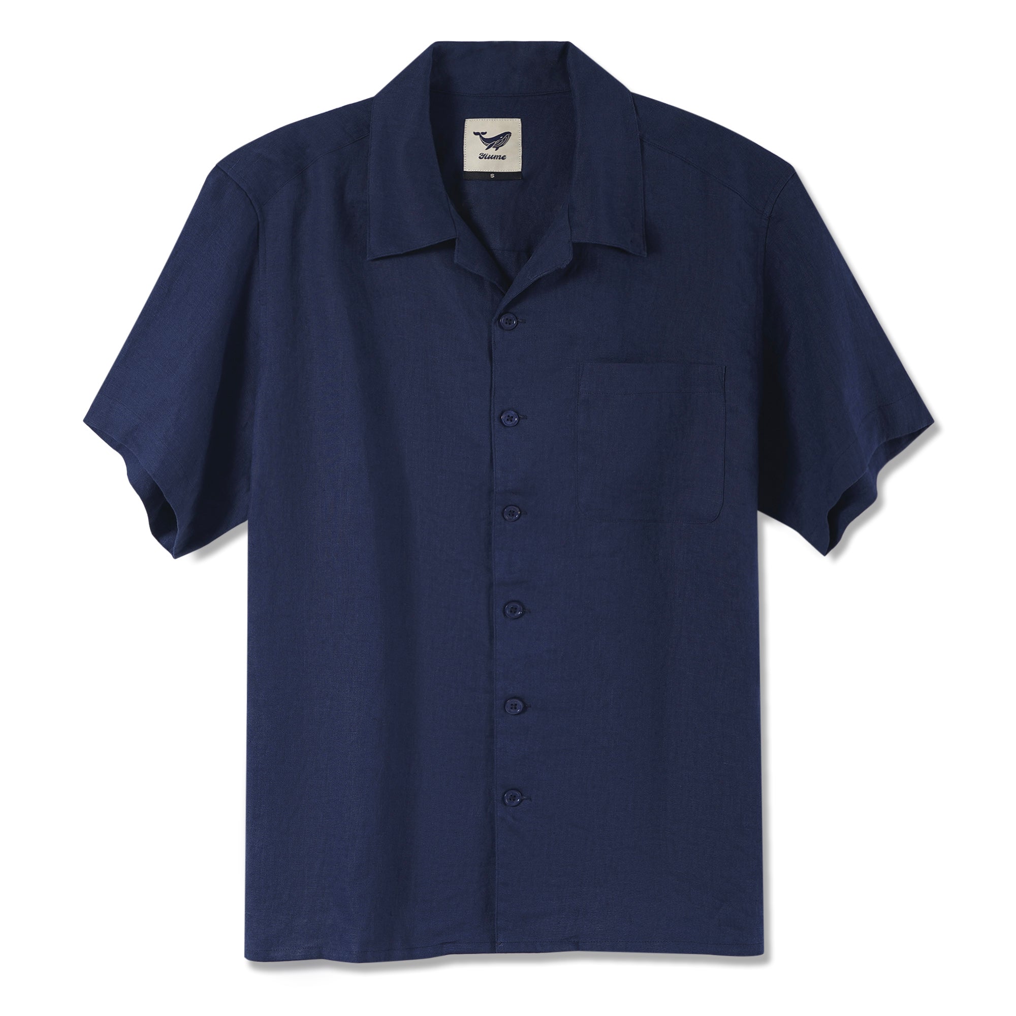 Men's Basic Shirt Short Sleeve Camp Collar 100% Linen Navy Blue Solid Color