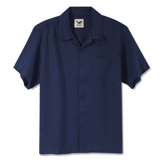 Men's navy blue linen art shirt with camp collar