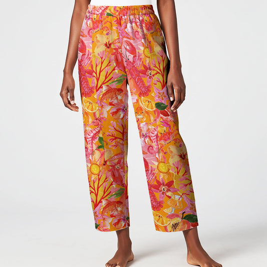 Women Casual Ankle Pants Lounge Elastic Waist with Pockets 93% Lyocell, 7% Linen Orange Aloha Tropical Seaside Fiesta Print