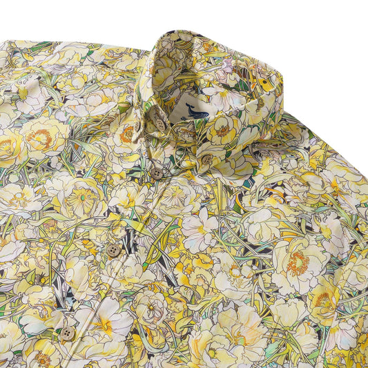 Floral Hawaiian Shirt 100% Cotton Men's Short Sleeve Button-down Yellow Aloha Shirt Lush Blossoms And Leaves