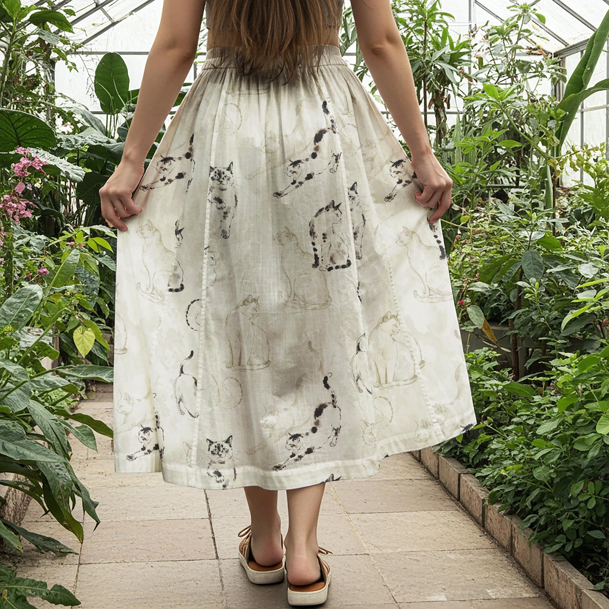 Women Casual Maxi Skirt Long Elastic Waist 100% Cotton Gray Aloha Cat's Delight