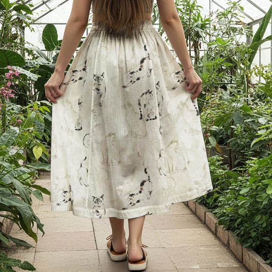 Women Casual Maxi Skirt Long Elastic Waist 100% Cotton Gray Aloha Cat's Delight