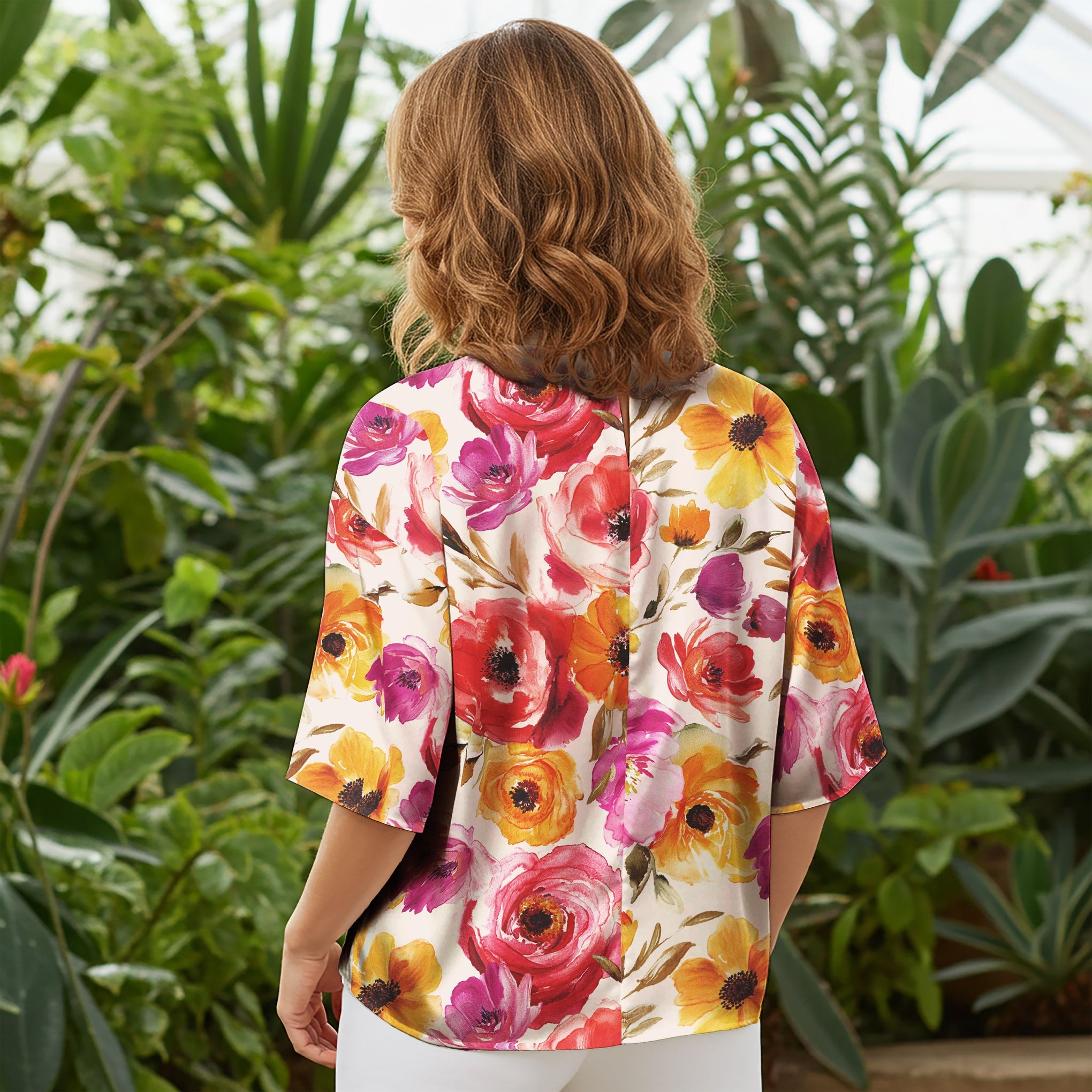 Women Casual Blouse Elbow Sleeve Round Neck Button-Back 100% Lyocell Aloha Blossoming Charm In Full Bloom