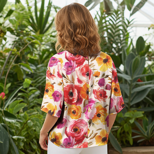 Women Casual Blouse Elbow Sleeve Round Neck Button-Back 100% Lyocell Aloha Blossoming Charm In Full Bloom