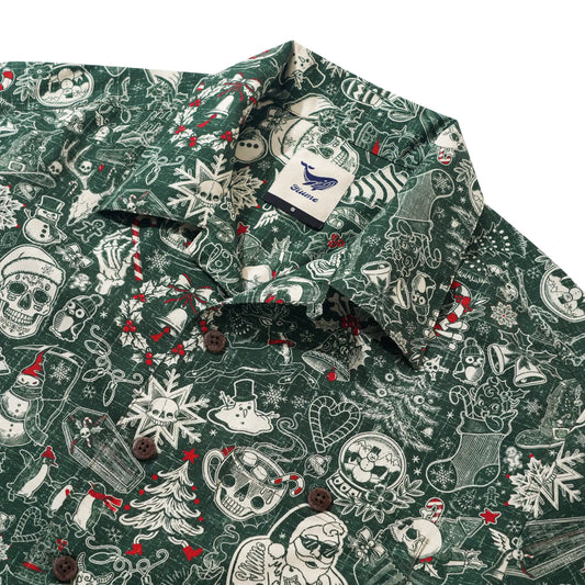 Men's Hawaiian Shirt Short Sleeve Camp Collar 100% Cotton Green Aloha Christmas Party