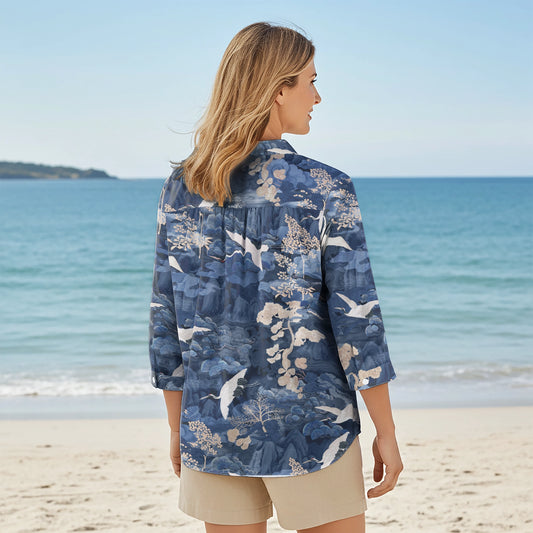Women Casual Blouse 3/4 Sleeve V-neck Shirt Collar 100% Lyocell Blue Aloha Oriental Crane Landscape