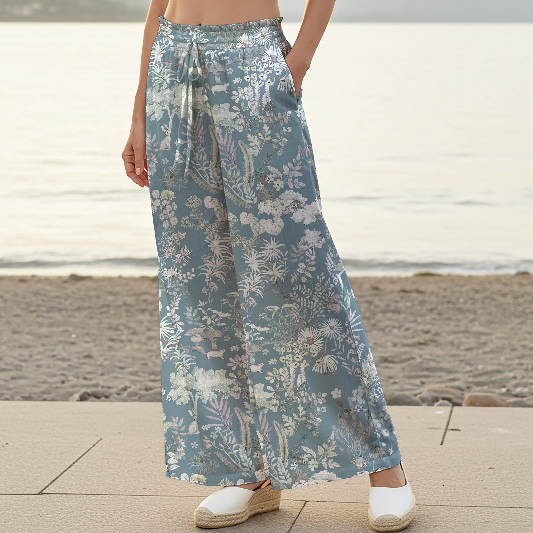 Women Casual Pants Lounge Elastic Waist Drawstring with Pockets 100% Cotton Blue Aloha Enigmatic Azure Wonderland