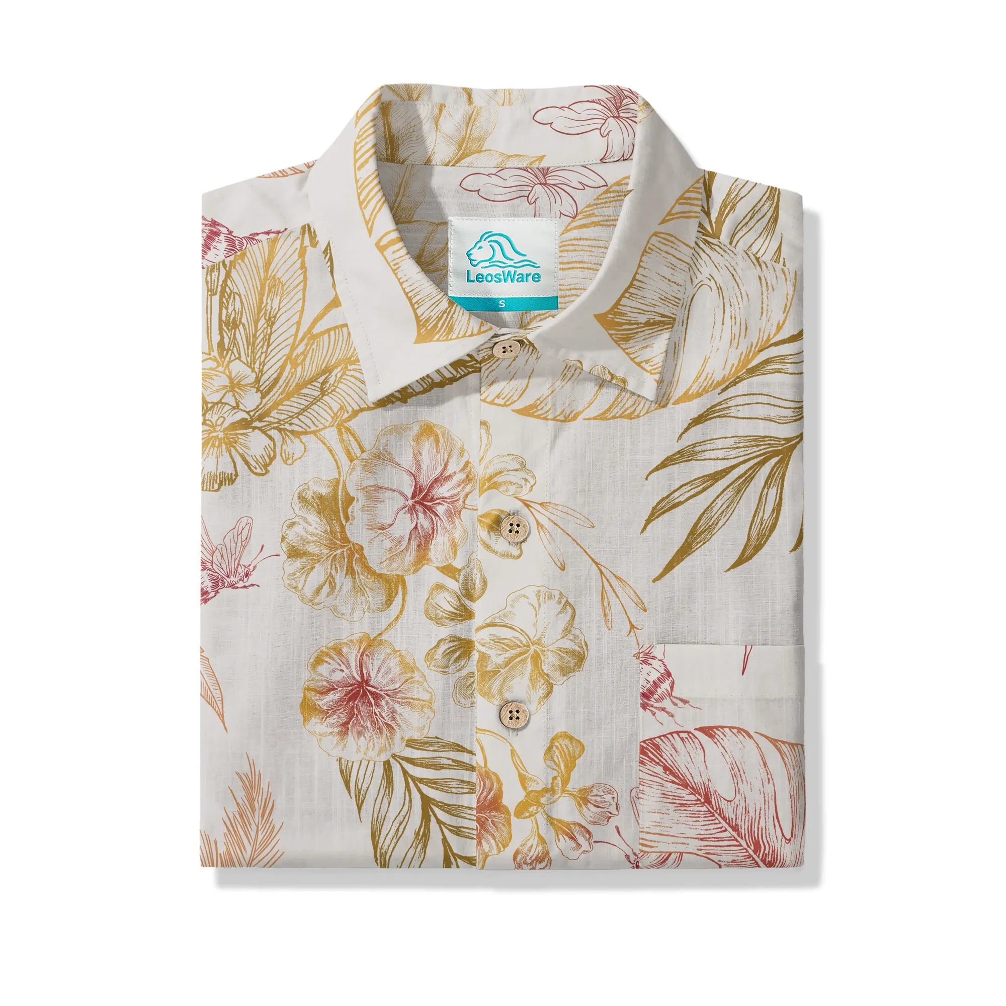 Yellow and red tropical floral design on men's Hawaiian shirt