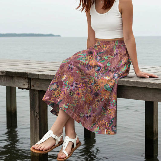 Women Casual Maxi Skirt Long Elastic Waist with Pockets 100% Cotton Purple Aloha Artistic Floral Transformations