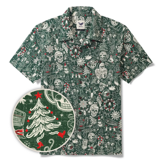 Men's Hawaiian Shirt Short Sleeve Camp Collar 100% Cotton Green Aloha Christmas Party
