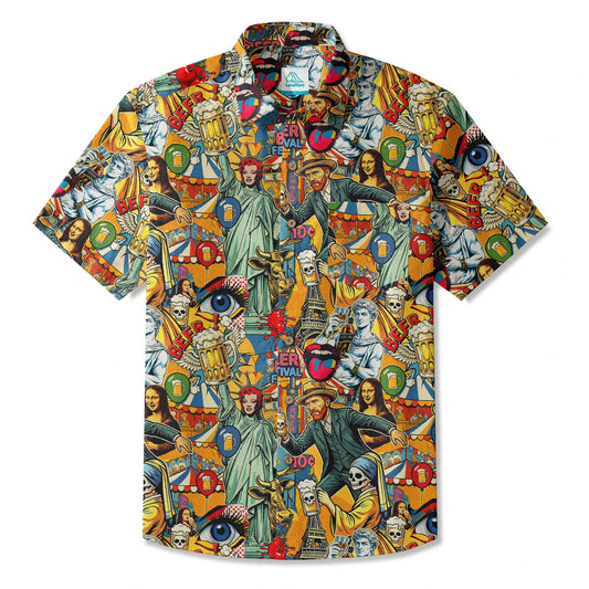 LeosWare men's Hawaiian shirt, green aloha art beer collage