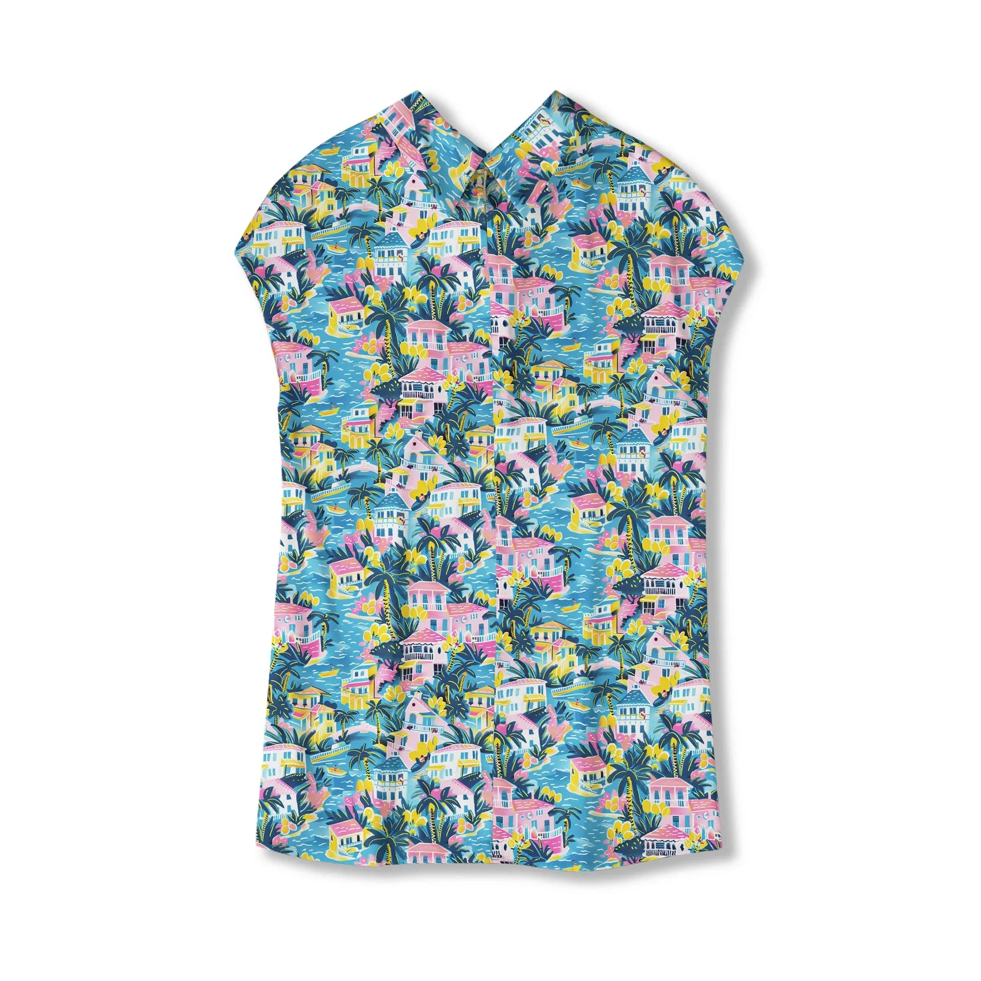 Blue macaron print blouse, women's resort wear