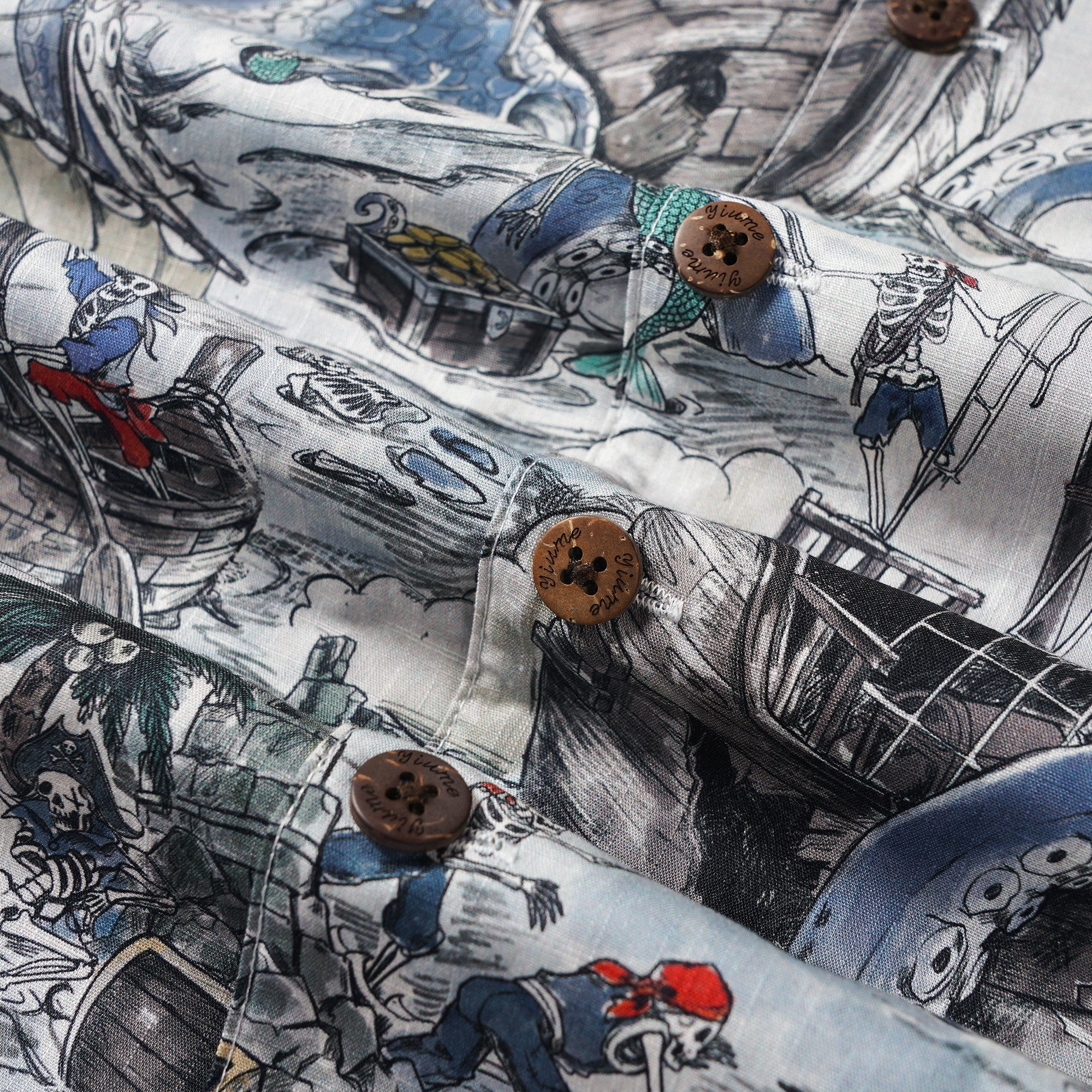 Men's Hawaiian Shirt Short Sleeve Camp Collar 100% Cotton Blue Aloha Mermaid's Skull Island