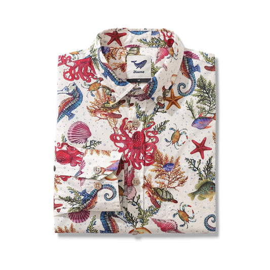 Men's Hawaiian Shirt Marine Life Seahorse Octopus Print Cotton Button-down Long Sleeve Aloha Shirt Marine Life Long Sleeve Shirt