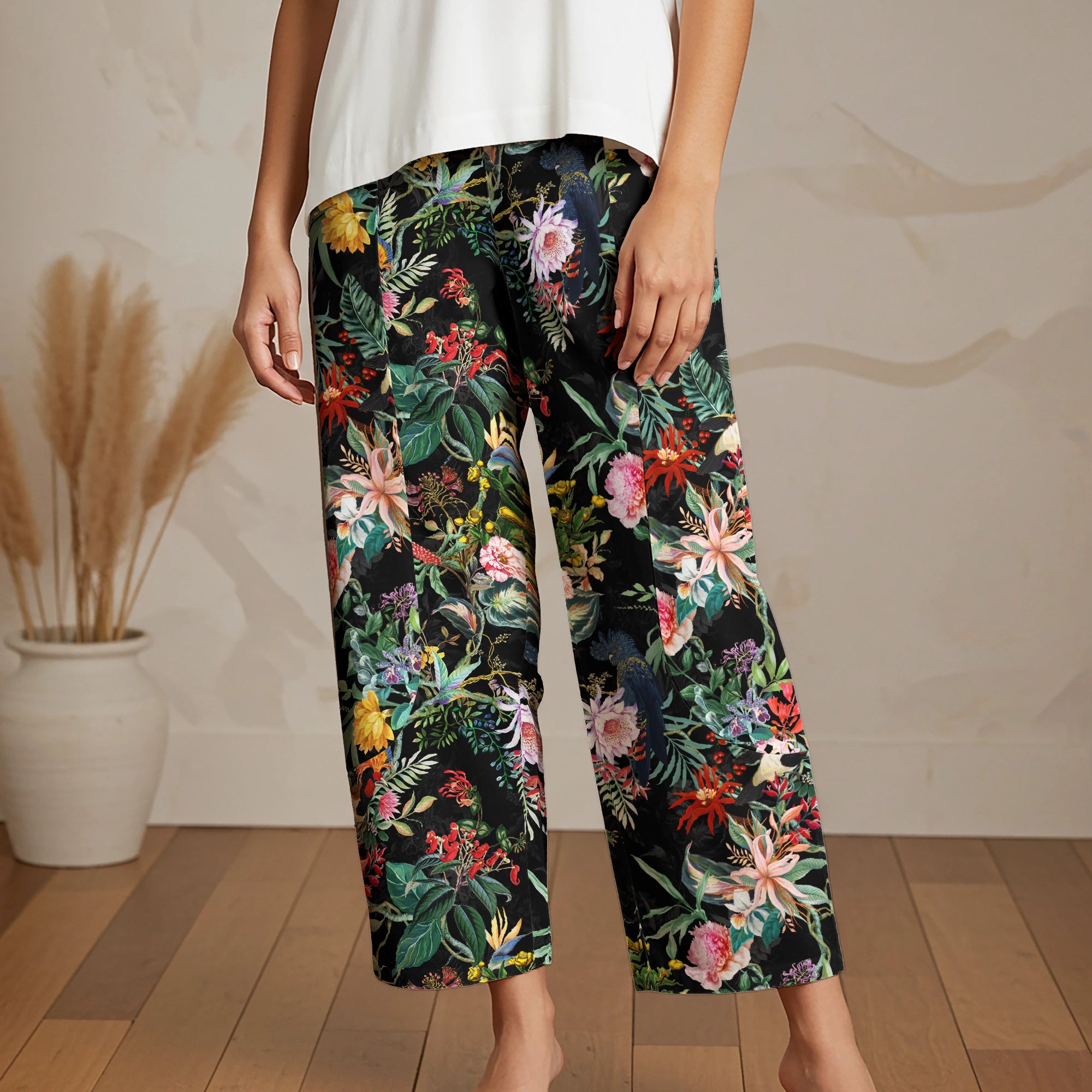 Women Casual Ankle Pants Lounge Elastic Waist with Pockets 93% Lyocell, 7% Linen Black Aloha Tropical Midnight Charm