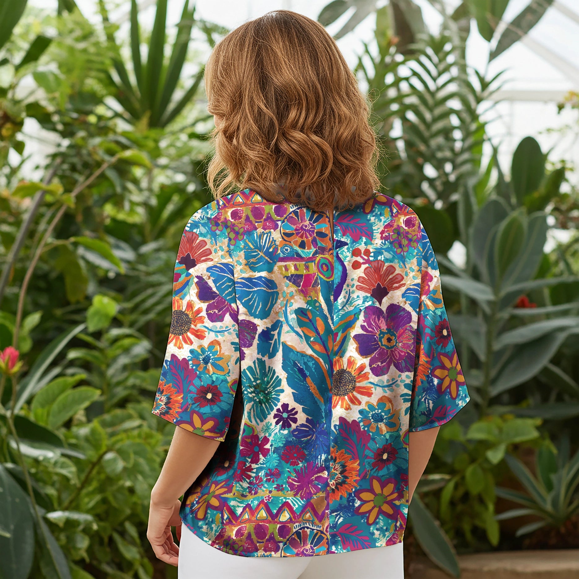 Women Casual Blouse Elbow Sleeve Crew Neck Button-Back 100% Lyocell Blue Aloha Tropical Wonder Painted Shirt