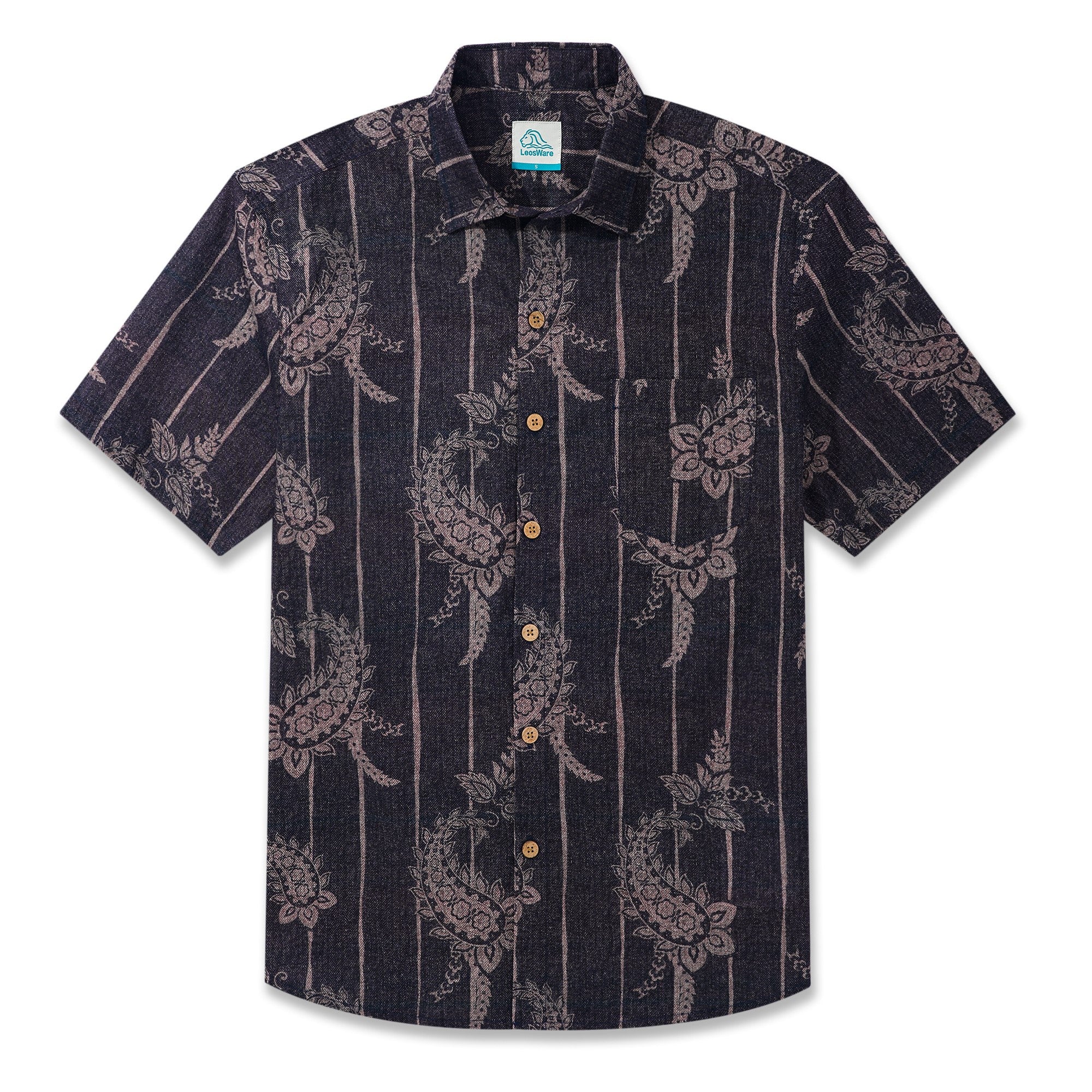 LeosWare® Men's Hawaiian Shirt Short Sleeve Button-up 100% Cotton Blue Aloha Elegant Vintage Paisley Stripe Pattern Design