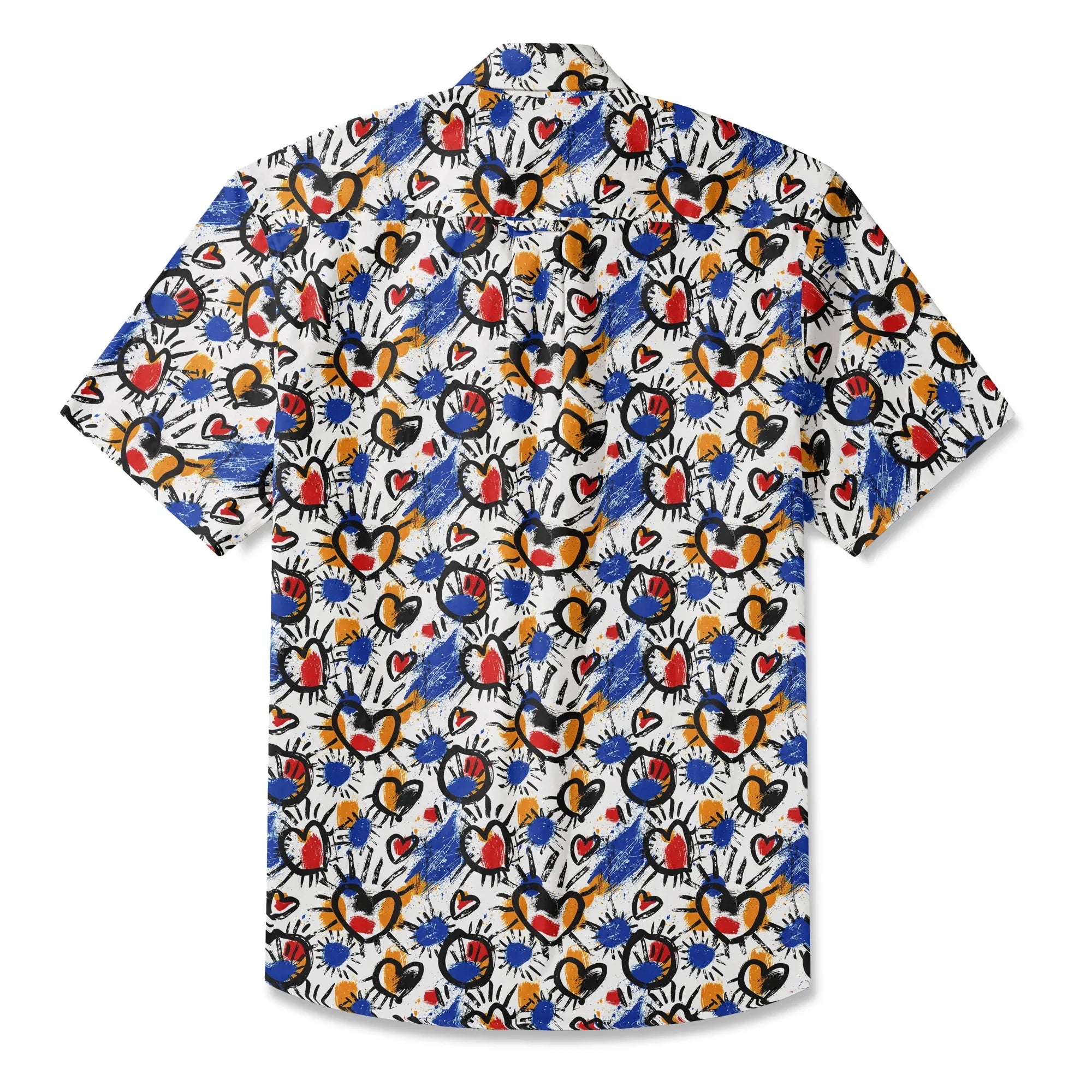 Men's Hawaiian shirt with heart and ink splash design, button-up