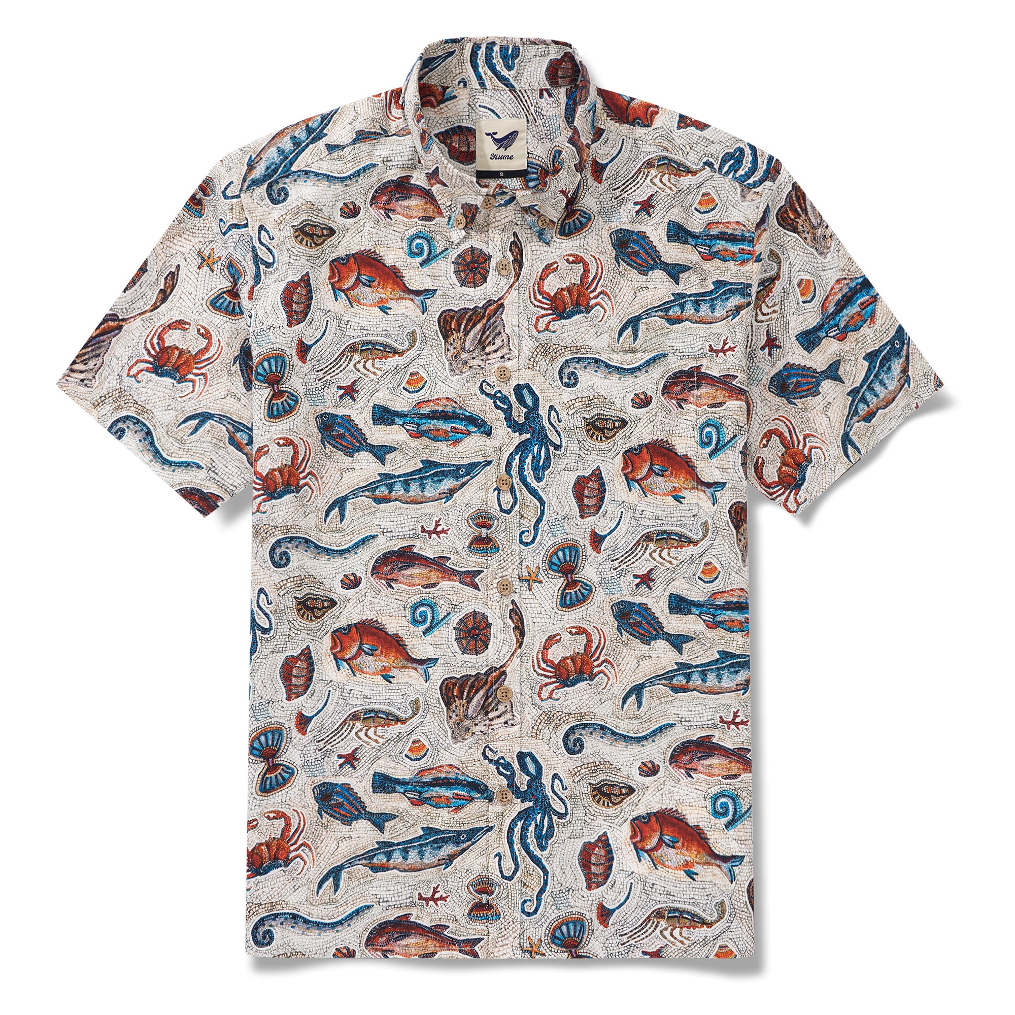 Men's Hawaiian Shirt Short Sleeve Button-down 100% Cotton Beige Aloha Seaside Mosaic