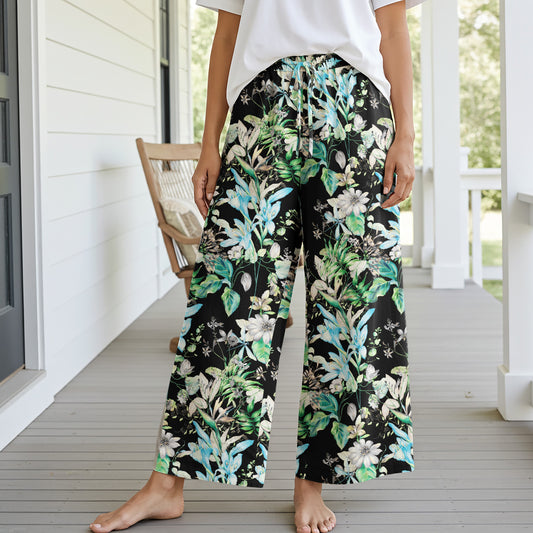 Women Casual Pants Lounge Elastic Waist Drawstring with Pockets 93% Lyocell, 7% Linen Green Aloha Night Garden