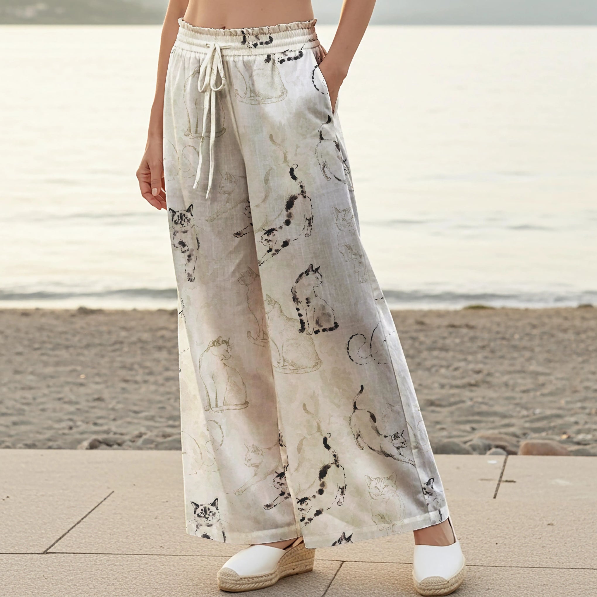 Women Casual Pants Lounge Elastic Waist Drawstring with Pockets 100% Cotton Gray Aloha Cat's Delight