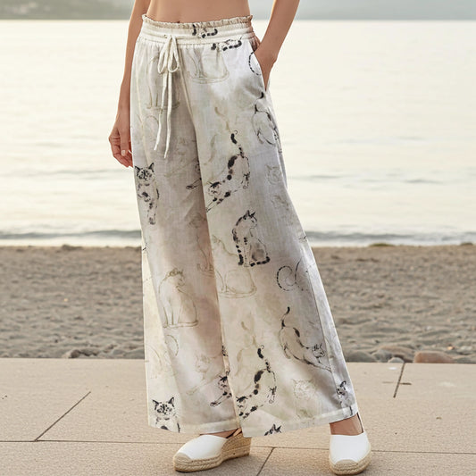 Women Casual Pants Lounge Elastic Waist Drawstring with Pockets 100% Cotton Gray Aloha Cat's Delight