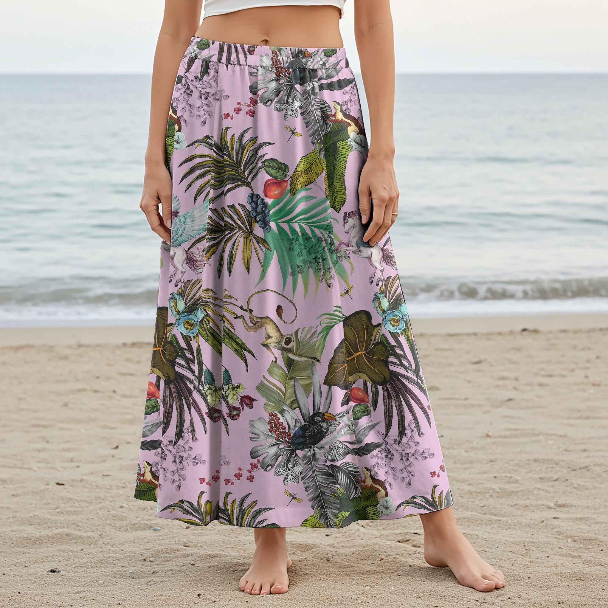 Women Casual Maxi Skirt Long Elastic Waist with Pockets 100% Cotton Purple Aloha Fantasy Tropical Paradise