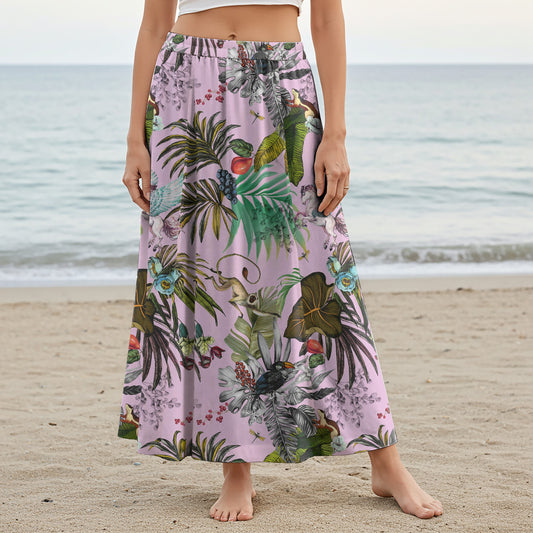 Women Casual Maxi Skirt Long Elastic Waist with Pockets 100% Cotton Purple Aloha Fantasy Tropical Paradise