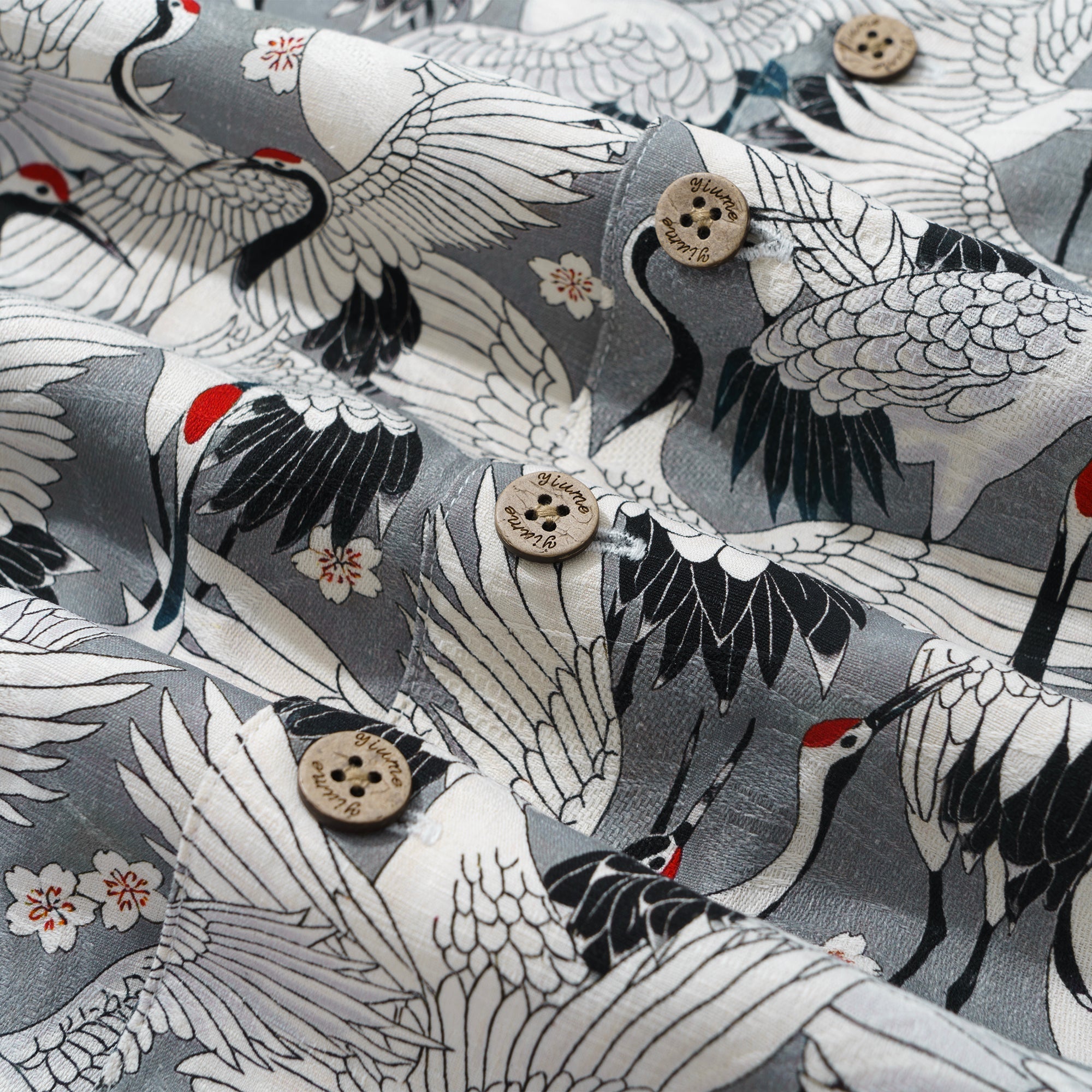 Herren-Hawaii-Hemd Langarm-Button-Down 100% Seidengrau Aloha Das Fest der Kraniche