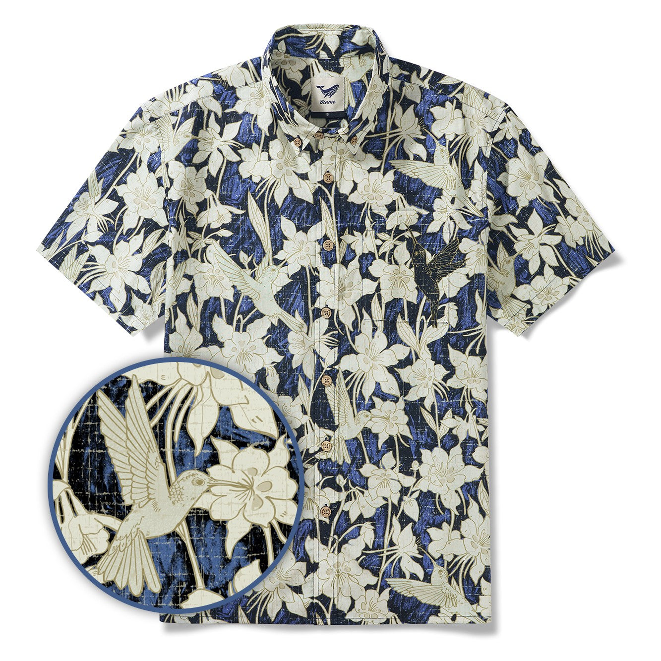 Men's 100% Cotton Shirt Short Sleeve Blue Button-down Hawaiian Shirt Hummingbird Spirit Aloha Shirt