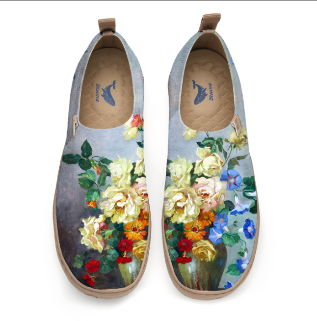 Yiume Frauenkunst Slip-on-Schuhe bequemes atmungsaktives Strick-Freizeitschuh, Vintage Bouquet Hawaiian Blumenhemd