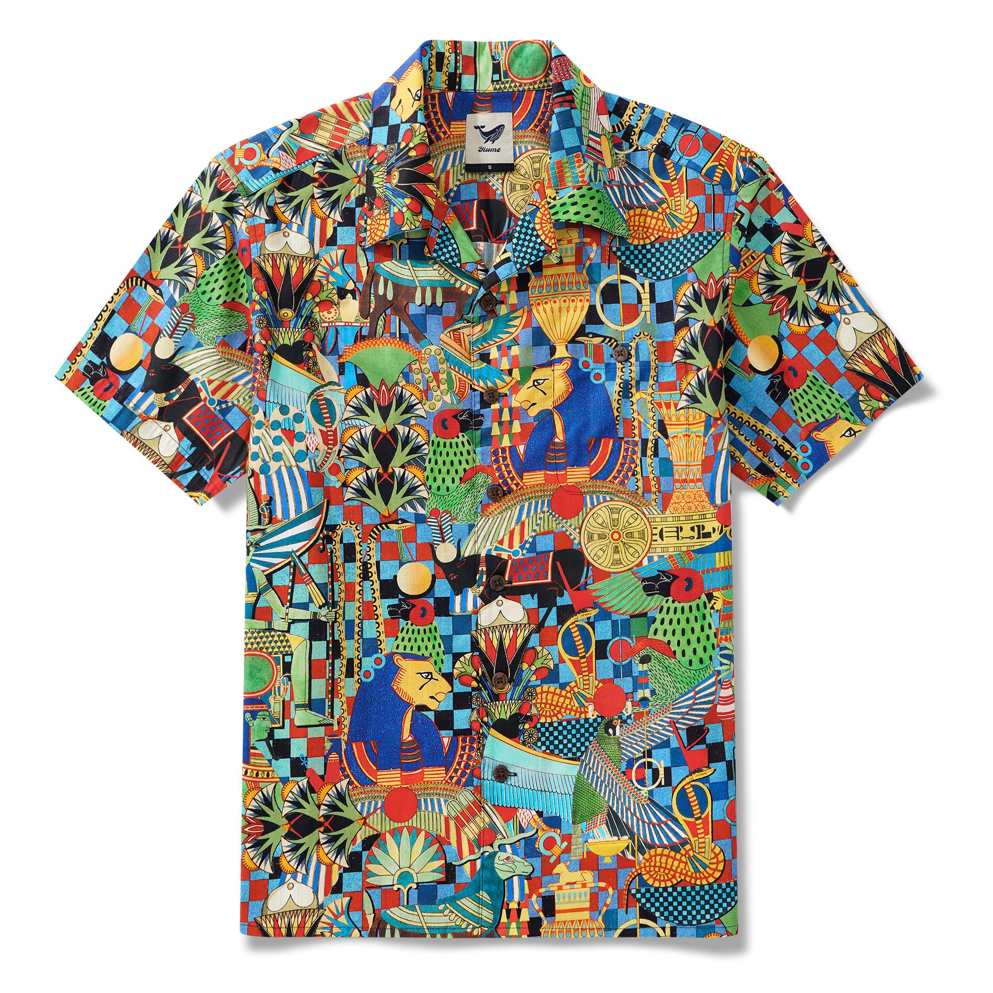 Men's Hawaiian Shirt Short Sleeve Camp Collar 100% Cotton Blue Aloha Enchanting Egypt