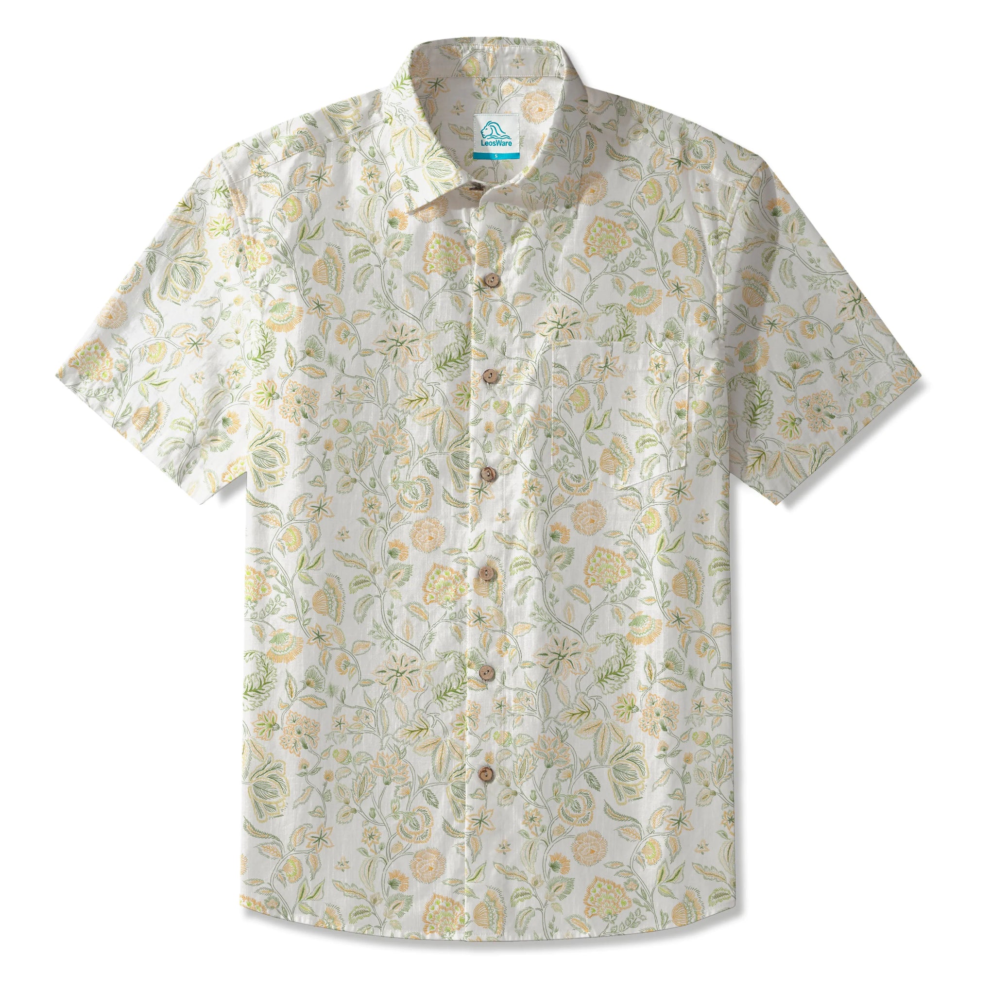 LeosWare® Men's Hawaiian Shirt Short Sleeve Button-up 100% Cotton Green Aloha Vintage Floral Serenity