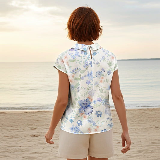 Women Casual Blouse Cap Sleeve Fold-Over Neck Button-Back 100% Lyocell Blue Aloha Soft Blue Nocturne